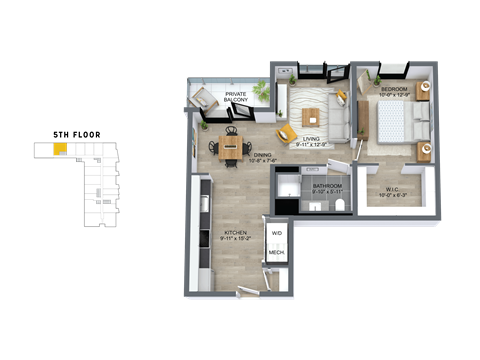 Floor plan for 1 bed, 1 bath, 736 sqft